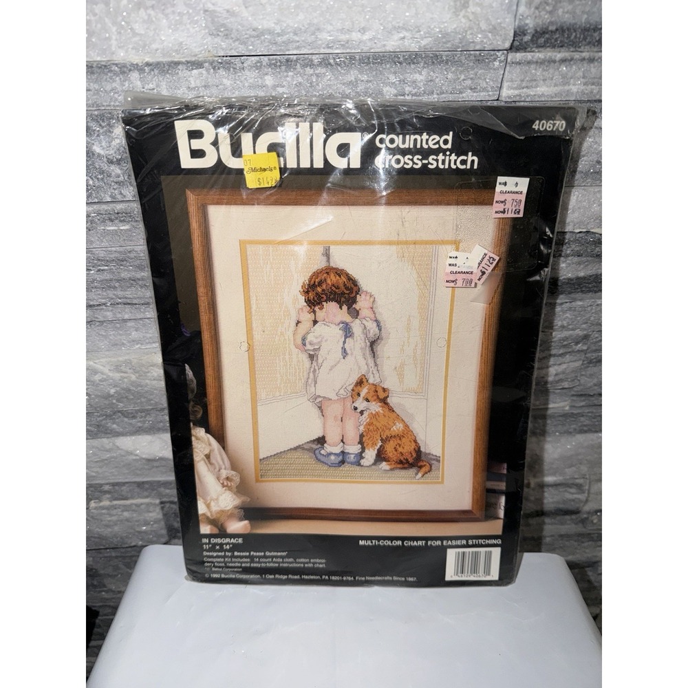 BUCILLA Counted Cross Stitch Kit IN DISGRACE Girl Standing Corner 11x14 1992